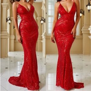 Luxe red mermaid hem backless party formal wedding sequin gown dress